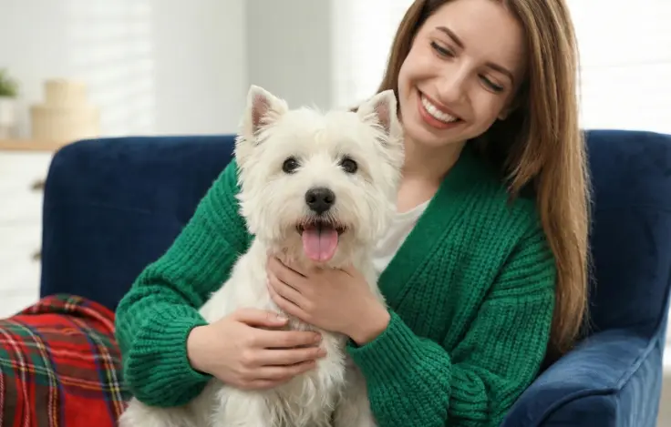 ジャック・ラッセル・テリアの犬と一緒にいる幸せな女性