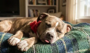 茶色のブリンドルと白のピットブルがソファで寝ている