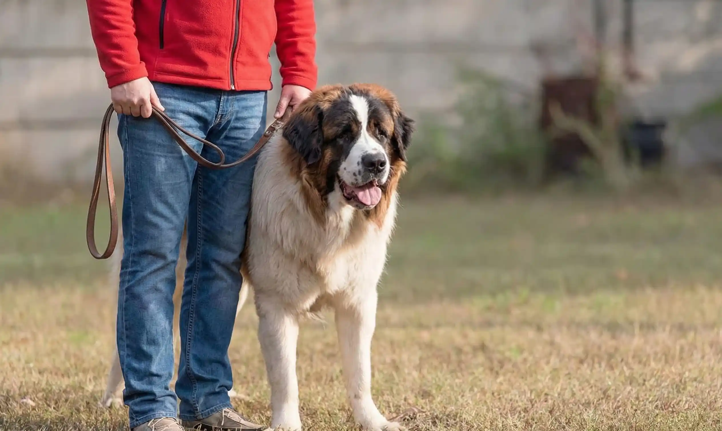 公園で飼い主と一緒のセント・バーナード犬