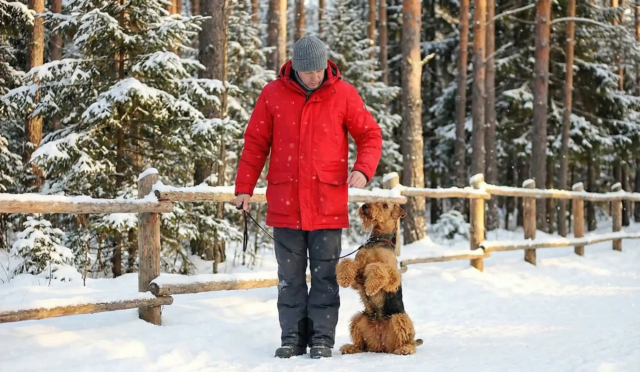 男性が冬に屋外でエアデールテリアを訓練している