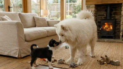 サモエド犬と黒い子犬がお互いの匂いを嗅ぎ合っている