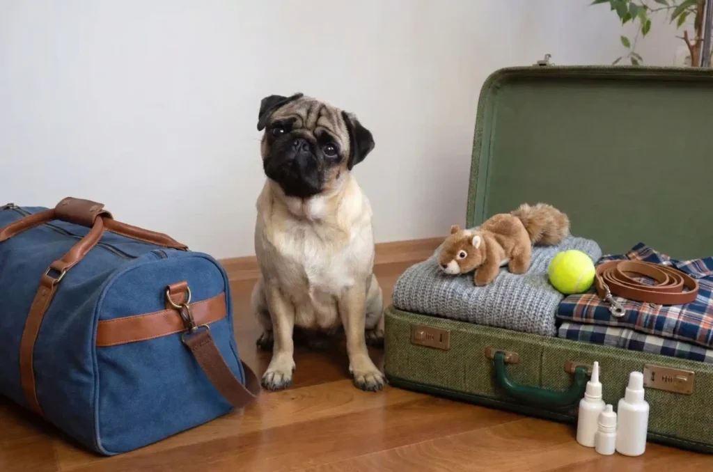 ペットやパグ犬と旅行するための荷物一式が、犬用キャリーバッグのそばに置かれている