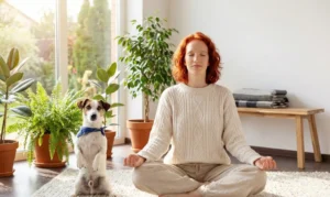 女性オーナーがジャック・ラッセル・テリアと仲良くしている