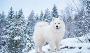 美しい森に立つ白いサモエド犬