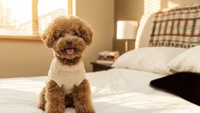 ベッドに座っている可愛いトイプードル犬