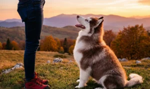 若い犬を訓練している女性