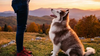 若い犬を訓練している女性